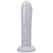 Translucent white silicone dildo with realistic shape and ridges, featuring a sturdy flared base for secure use.