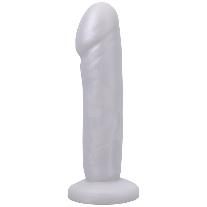 Translucent white silicone dildo with realistic shape and textured ridges, featuring a sturdy flared base for secure use.
