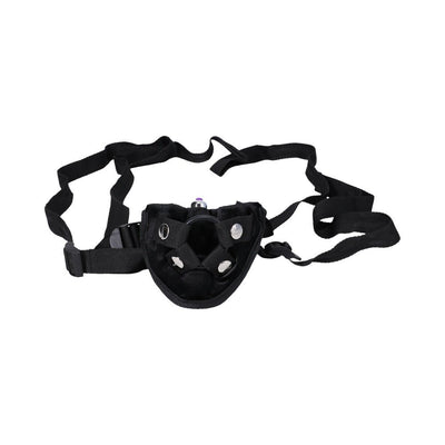 Black adjustable velvet strap-on harness with metal snaps and a pocket for a bullet vibrator, shown on white background.