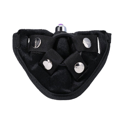 Black adjustable velvet strap-on harness with metal snaps and a bullet vibrator pocket, shown flat on white background.