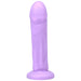 Lavender silicone dildo with realistic texture and flared base for secure harness use.
