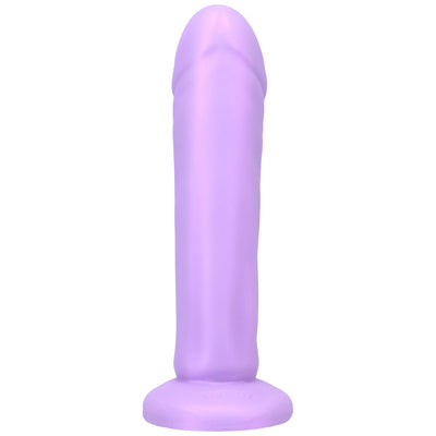 Lavender silicone dildo with realistic ridges and a flared base for secure harness use.