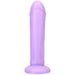 Lavender silicone dildo with realistic ridges and a flared base for secure harness use.