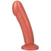 Copper-colored realistic silicone dildo with a curved shaft and suction cup base standing upright on white background.
