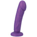Purple silicone dildo with realistic ridges and a flared base designed for stability and harness compatibility.