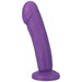 Purple silicone dildo with realistic shape and sturdy base for versatile use, standing upright on a white background.