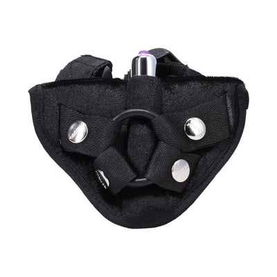 Black velvet adjustable harness with removable bullet vibrator and 1.5-inch O-ring for versatile use.
