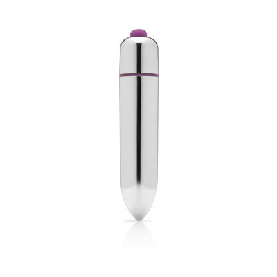 Compact silver bullet vibrator with purple button, sleek and waterproof design for discreet stimulation.