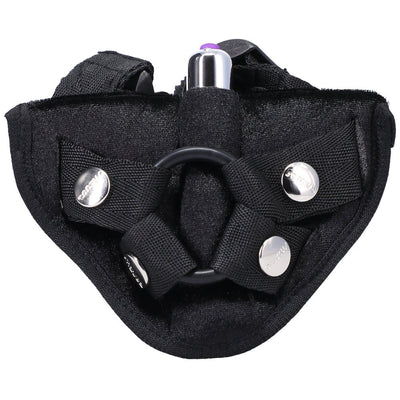 Black velvet vibrating harness with adjustable straps and removable bullet vibrator in center O-ring.