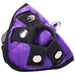 Purple velvet vibrating harness with adjustable black straps and removable bullet vibrator attached.