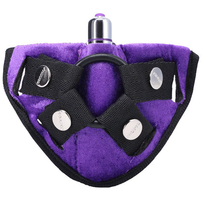 Purple velvet vibrating harness with adjustable black straps and removable silver bullet vibrator.