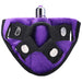 Purple velvet vibrating harness with adjustable black straps and removable silver bullet vibrator.