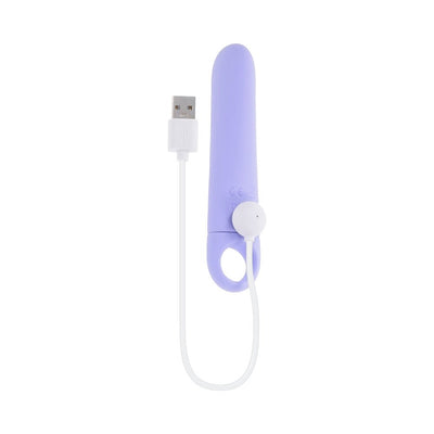 Lavender vibrating wedge with stretchy ring handle and USB magnetic charging cable on white background.