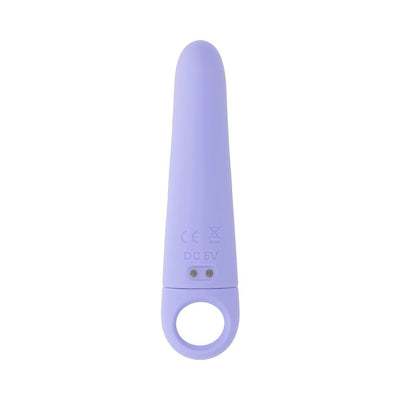 Lavender silicone vibrating wedge with a ring handle and magnetic USB charging ports.