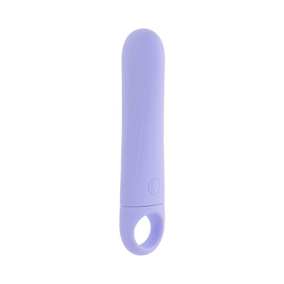 Lavender silicone vibrating wedge with a rounded tip and a stretchy ring handle for easy grip.