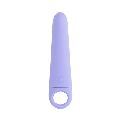 Lavender silicone vibrating wedge with rounded tip and stretchy ring handle, featuring a power button on the front.