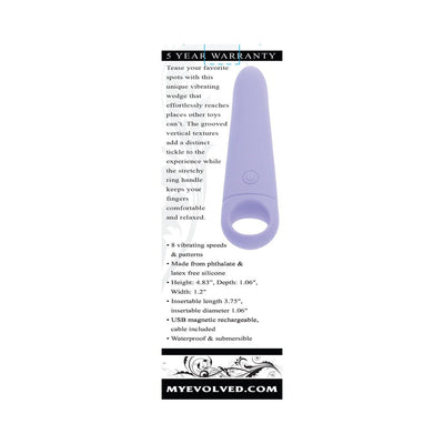 Lavender vibrating wedge with stretchy ring handle, textured surface, and power button, shown with product features text.