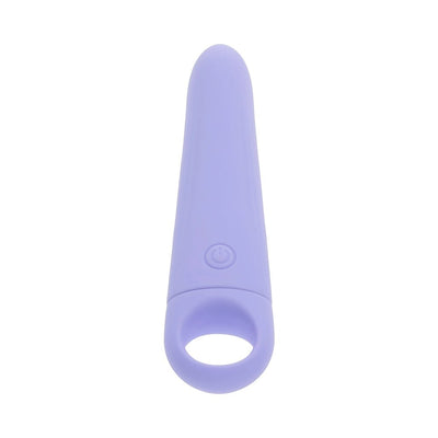 Lavender silicone vibrating wedge with rounded tip and stretchy ring handle, featuring a power button on the front.