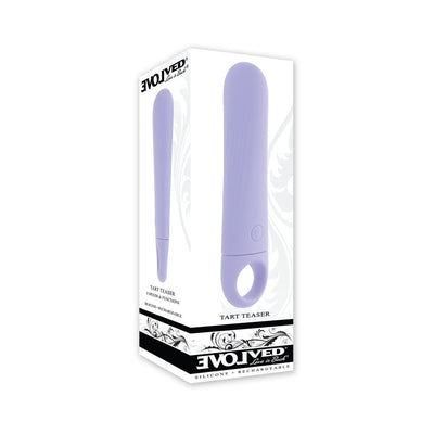 Packaging box showing the lavender-colored Tart Teaser silicone vibrator with a ring handle and power button.