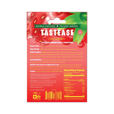 Back packaging of Tastease by Pastease strawberry candy edible pasties and pecker wraps with usage instructions and nutrition facts.