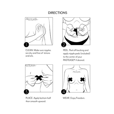 Illustrated step-by-step directions for applying Tastease edible pasties, showing cleaning, peeling, placing, and wearing instructions.