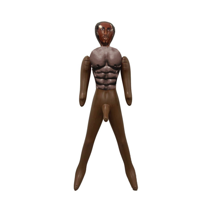 Inflatable brown blow-up doll with muscular torso and detailed facial features standing against white background.