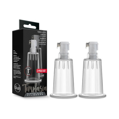 Set of two clear acrylic Temptasia nipple pumping cylinders with packaging, 1 inch diameter, detachable and compatible with Temptasia pumps.