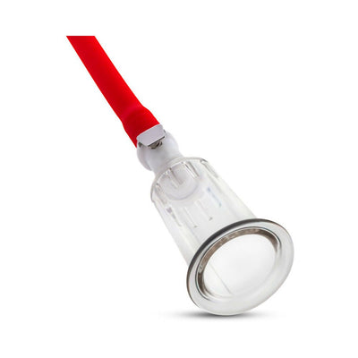Clear Temptasia nipple pumping cylinder with red tubing attachment, 1-inch diameter, made of body-safe acrylic.