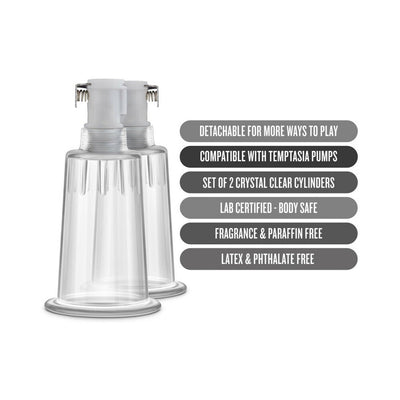 Set of two clear 1-inch diameter Temptasia nipple pumping cylinders with detachable tops and safety features listed.