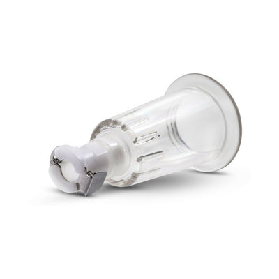 Clear Temptasia nipple pumping cylinder with 1-inch diameter and white attachment, designed for temporary engorgement.