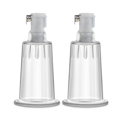 Set of two clear 1-inch diameter Temptasia nipple pumping cylinders made of body-safe acrylic.