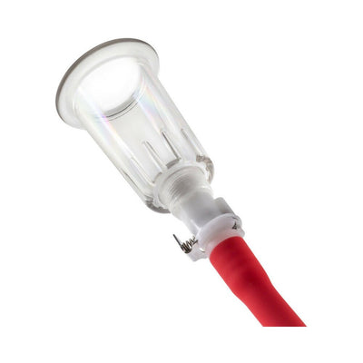 Clear Temptasia nipple pumping cylinder with red hose attachment and locking clip, 1 inch diameter, body-safe acrylic.