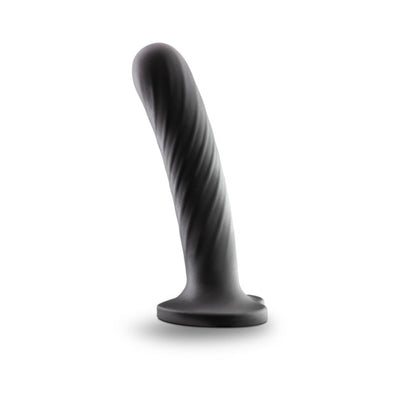 Black satin smooth silicone G-spot dildo with twisted texture and heart-shaped suction cup base.