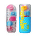 Tenga Bobble Crazy Cubes clear textured sleeve with pink and blue cubes next to its blue and yellow packaging case.
