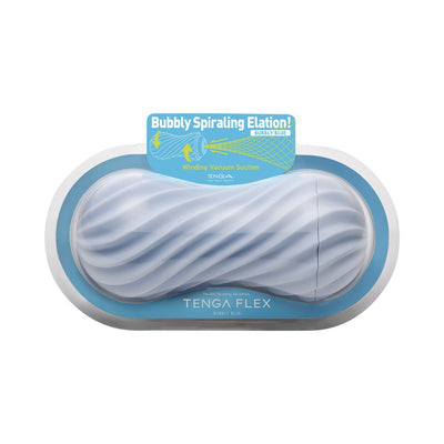 Tenga Flex Bubbly Blue Stroker with spiral ribbed design in blue and white packaging.