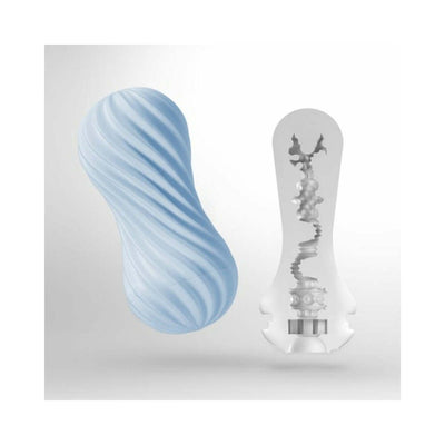Tenga Flex Bubbly Blue Stroker with textured spiral exterior and detailed internal ribbed structure shown in cross-section.