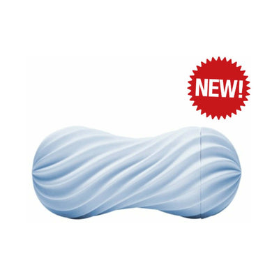 Light blue Tenga Flex Bubbly male stroker with spiral ribbed texture and a red "NEW!" label on white background.