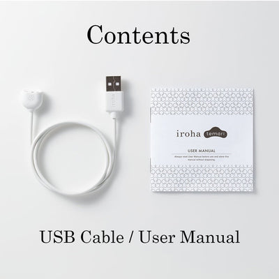 USB charging cable and user manual for the Tenga Iroha Temari Mizu pleasure device on a white background.