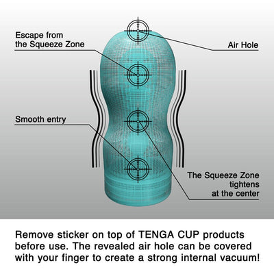 Diagram of Tenga Keith Haring Original Vacuum Cup highlighting air hole, squeeze zone, smooth entry, and vacuum adjustment instructions.
