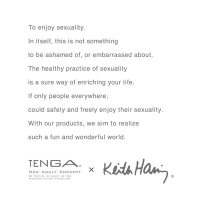 Text image with a message promoting healthy sexuality and collaboration logos of TENGA and Keith Haring.