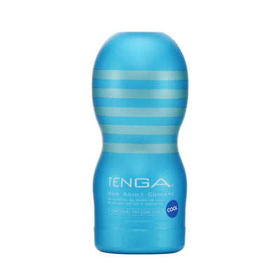 Blue Tenga Original Vacuum Cup Cool Edition with striped design and product branding on a white background.