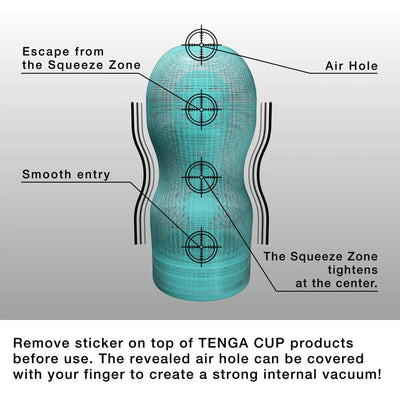 Diagram of Tenga Original Vacuum Cup Cool Edition showing air hole, squeeze zone, and smooth entry features with usage instructions.