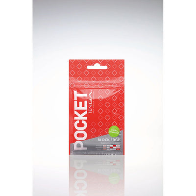 Tenga Pocket Masturbator Sleeve Block Edge in red resealable packaging with product details and branding visible.