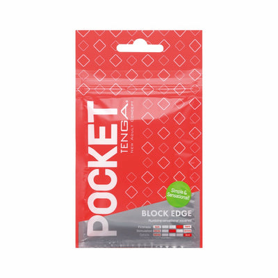 Tenga Pocket Masturbator Sleeve Block Edge in red resealable packaging with diamond pattern and firmness, stimulation, and detail indicators.
