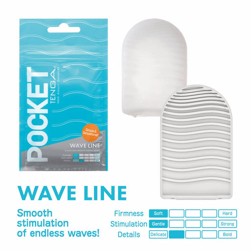 Tenga Pocket Masturbator Sleeve Wavy Line with wave pattern texture and blue packaging highlighting softness and gentle stimulation.