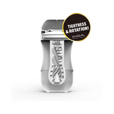 Cross-section view of Tenga Rolling Gyro Roller Cup Hard showing internal textured sleeve and casing with tightness and rotation feature badge.