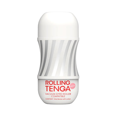 White and gray striped Tenga Rolling Gyro Roller Cup Soft with red text on the packaging against a white background.