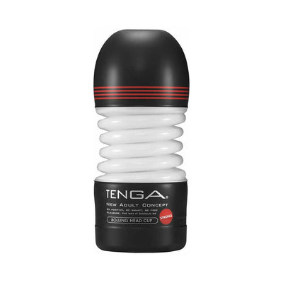 Tenga Rolling Head Cup Strong in black and white with red accents, featuring a spiral design and compact shape.