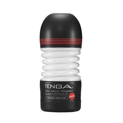 Tenga Rolling Head Cup Strong male pleasure device with black and white flexible spiral design and red accent stripes.