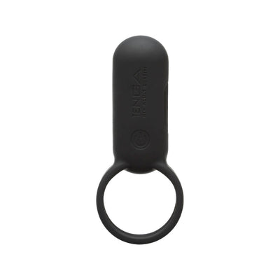 Black silicone vibrating ring with integrated control button, designed for comfort and stimulation.